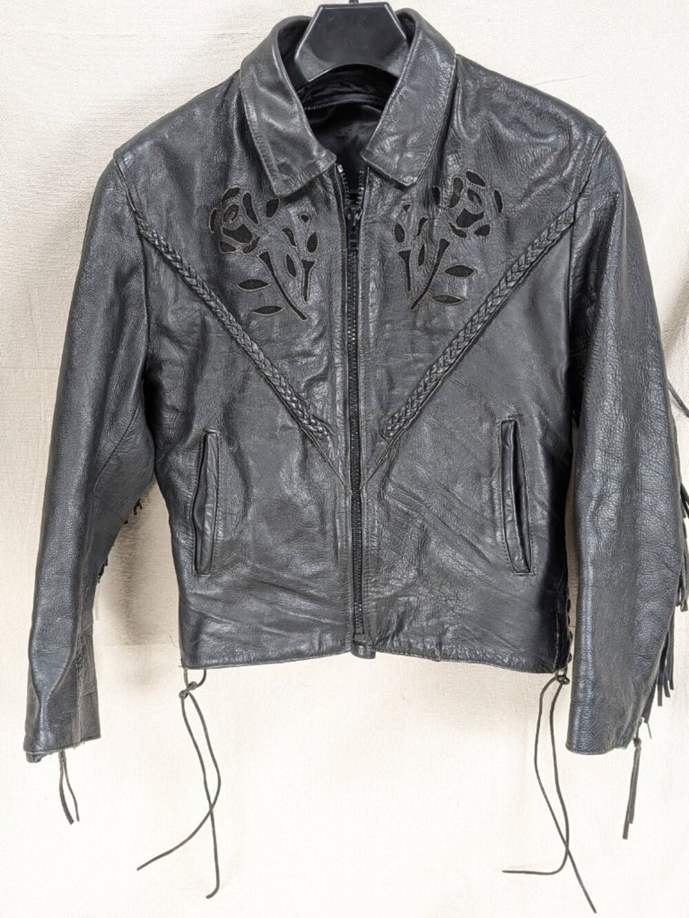Vintage 1980s-90s Women's Black Leather Motorcycle Jacket Fringe Suede Roses M - Picture 2 of 16